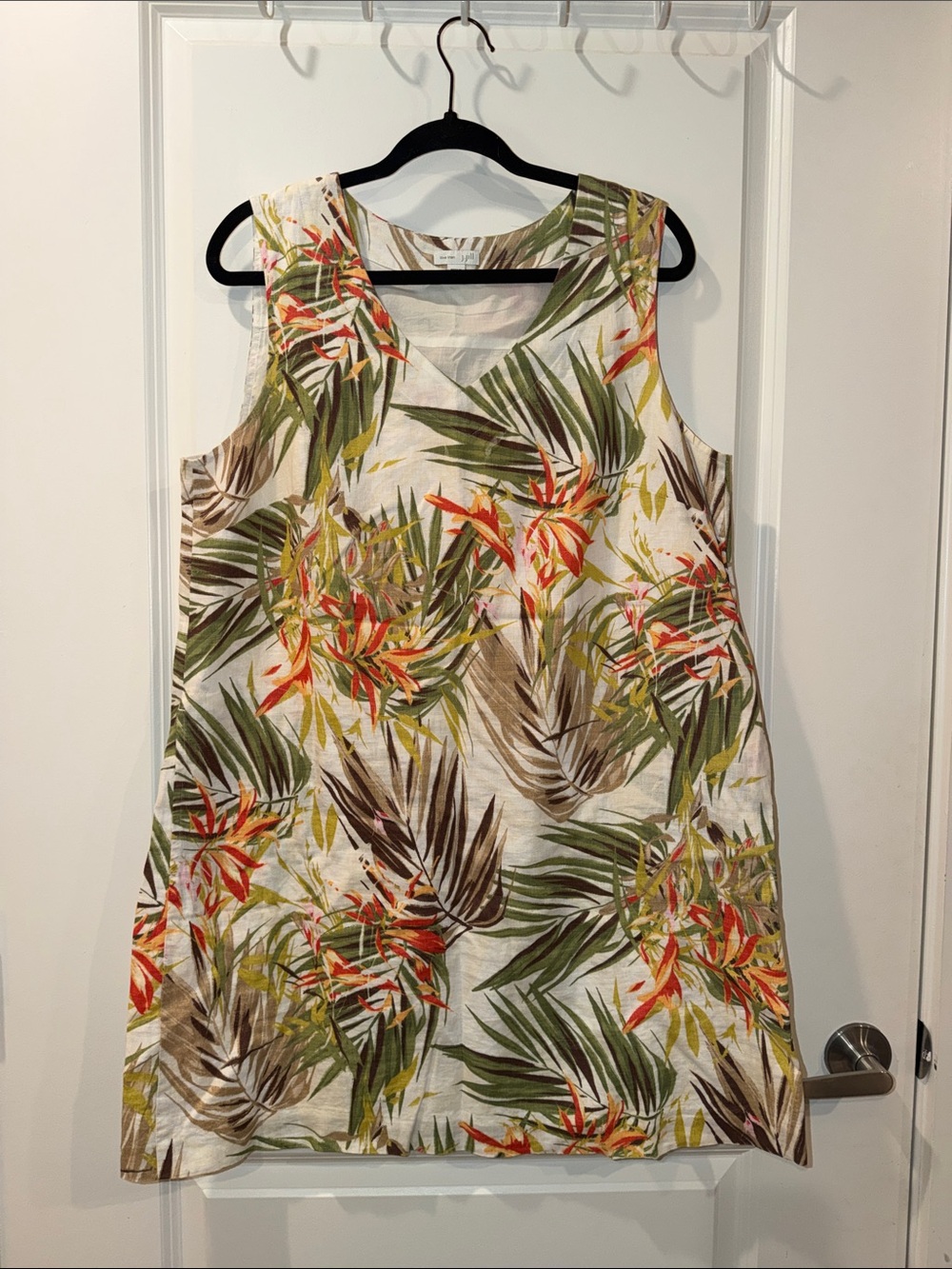 J. Jill Linen Sleeveless Tropical Print Tunic Dress - White, Green, Orange